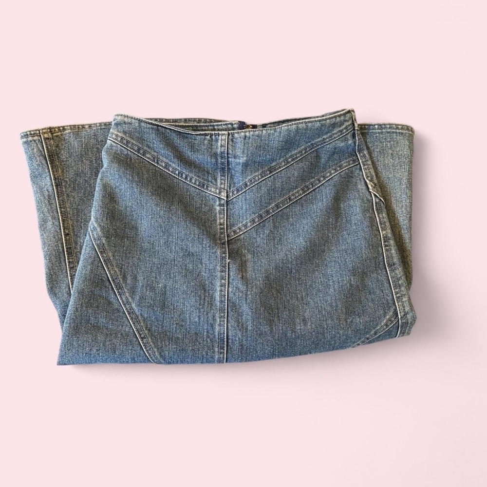 Y2K blue denim midi skirt with a low-rise fit and super flattering V-shaped